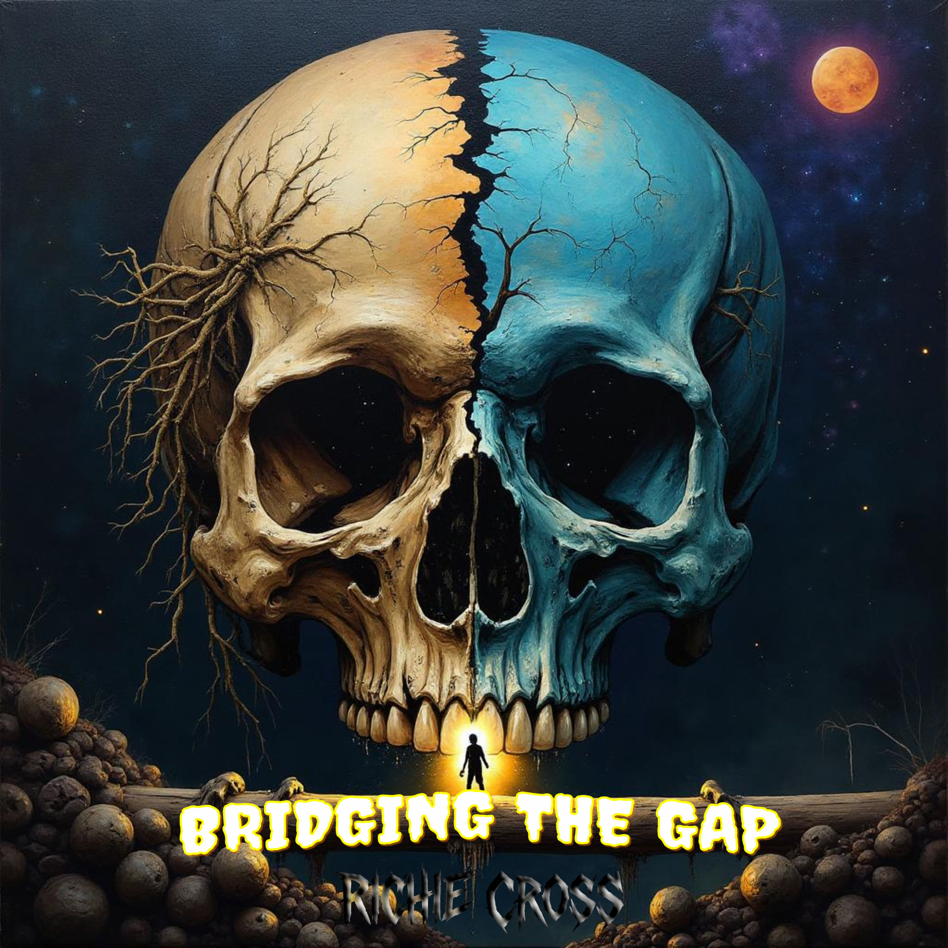 Bridging The Gap — official album cover artwork by Richie Cross: a split skull in warm bone and deep teal tones above a lone figure crossing a bridge